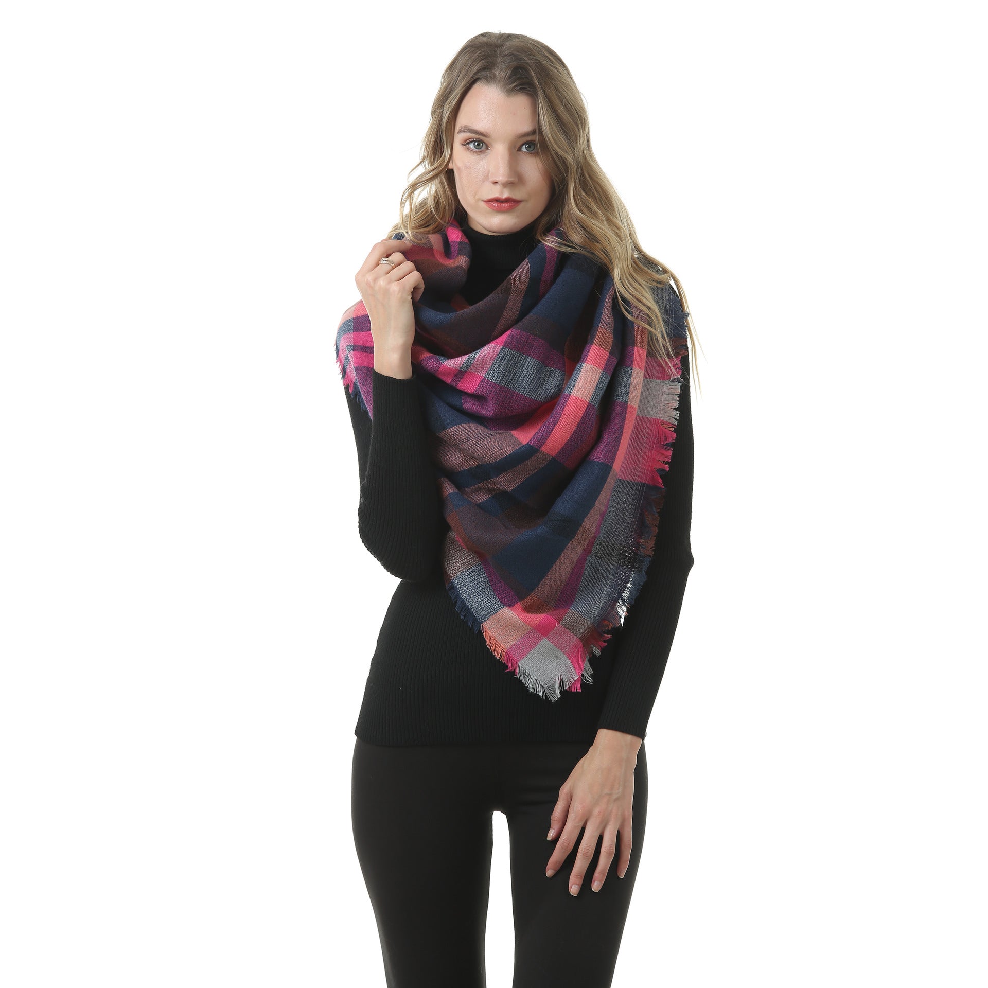 Europe, America, autumn and winter imitation cashmere plus double-sided colorful plaid square scarf women's shawl
