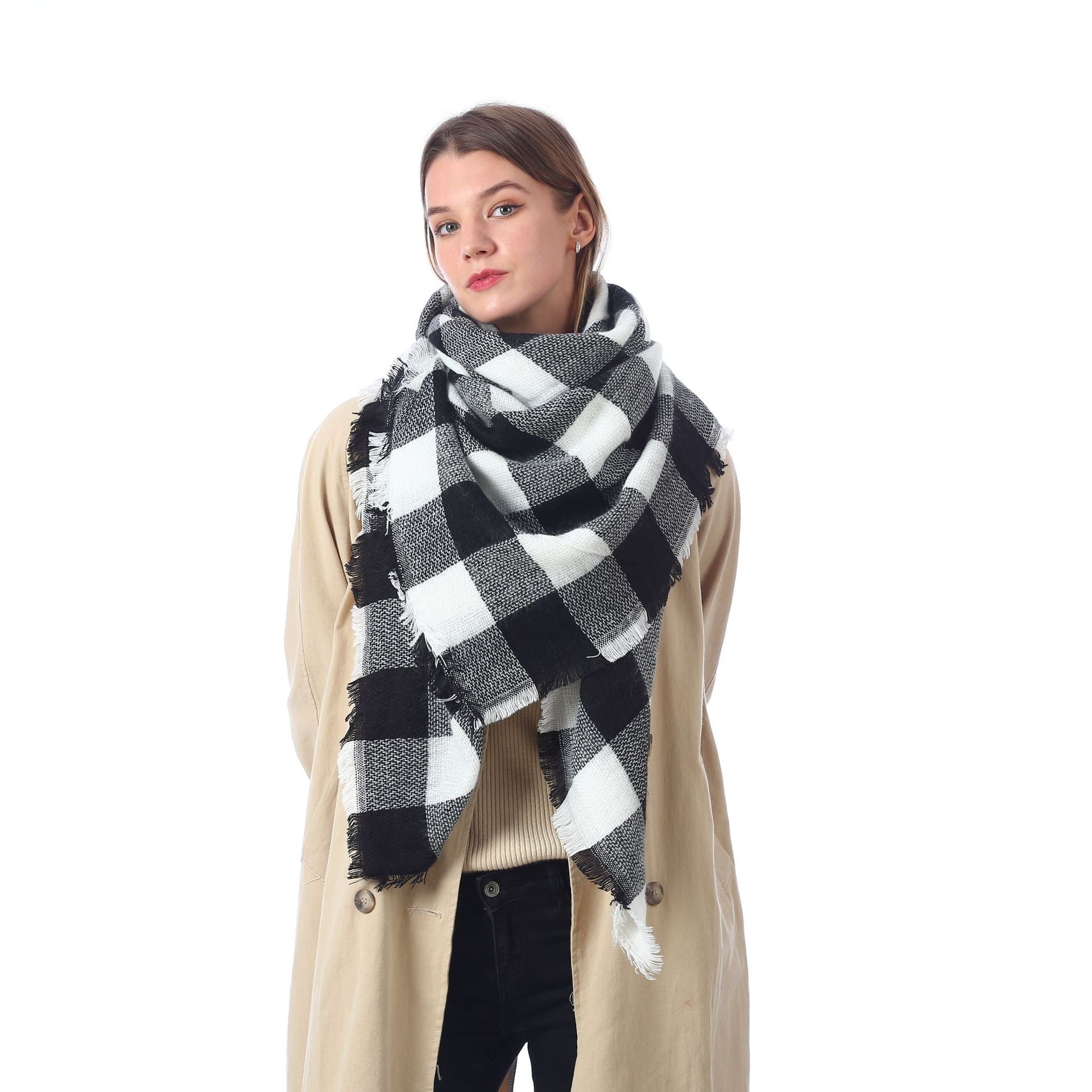 Europe, America, autumn and winter imitation cashmere plus double-sided colorful plaid square scarf women's shawl