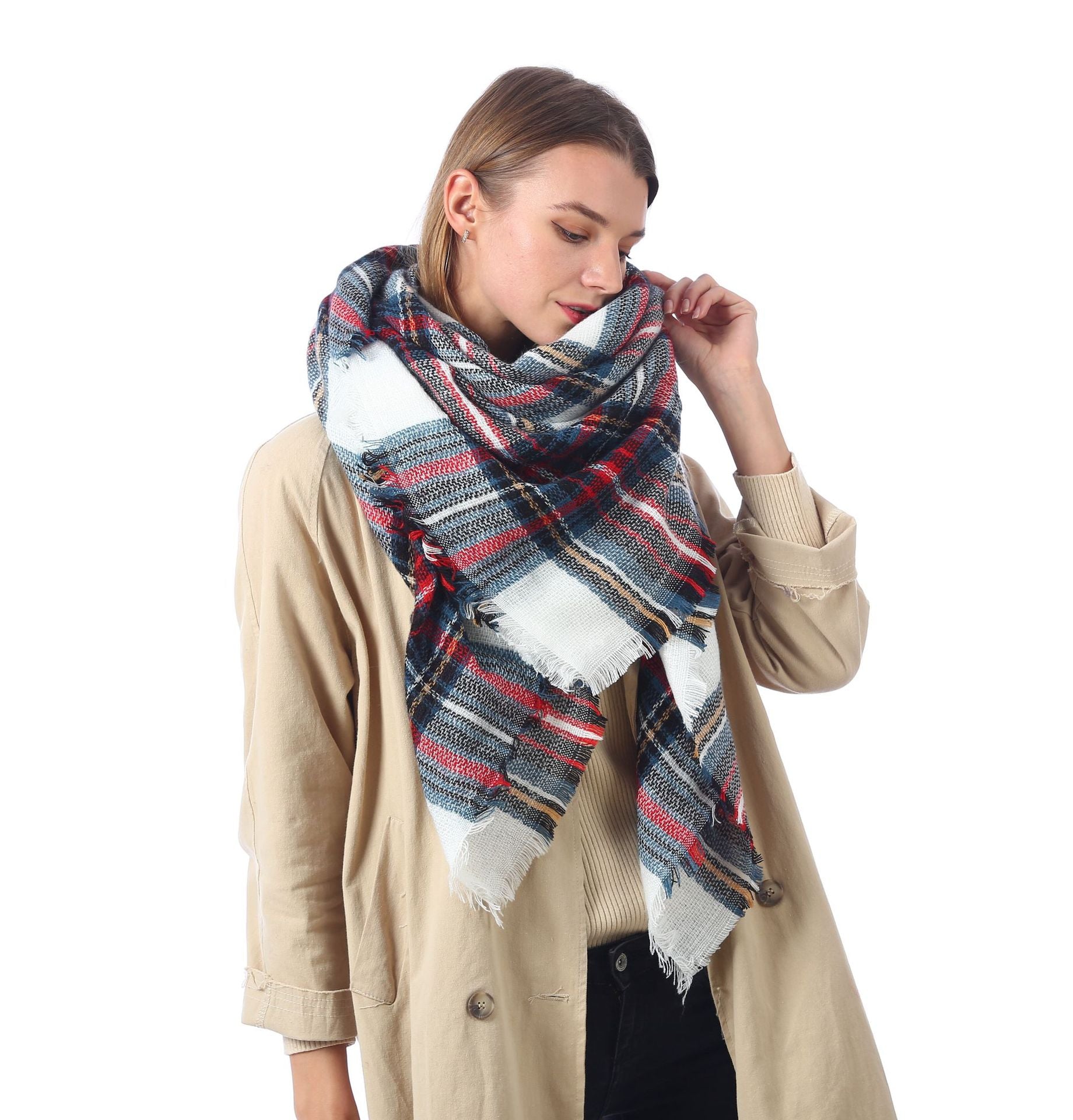 Europe, America, autumn and winter imitation cashmere plus double-sided colorful plaid square scarf women's shawl