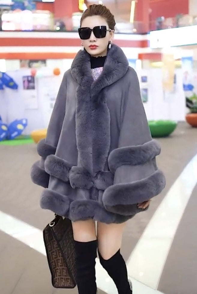 Autumn and Winter New Large Size Imitation Fox Fur Collar Fur Hooded Knitted Cardigan Shawl Cape Jacket
