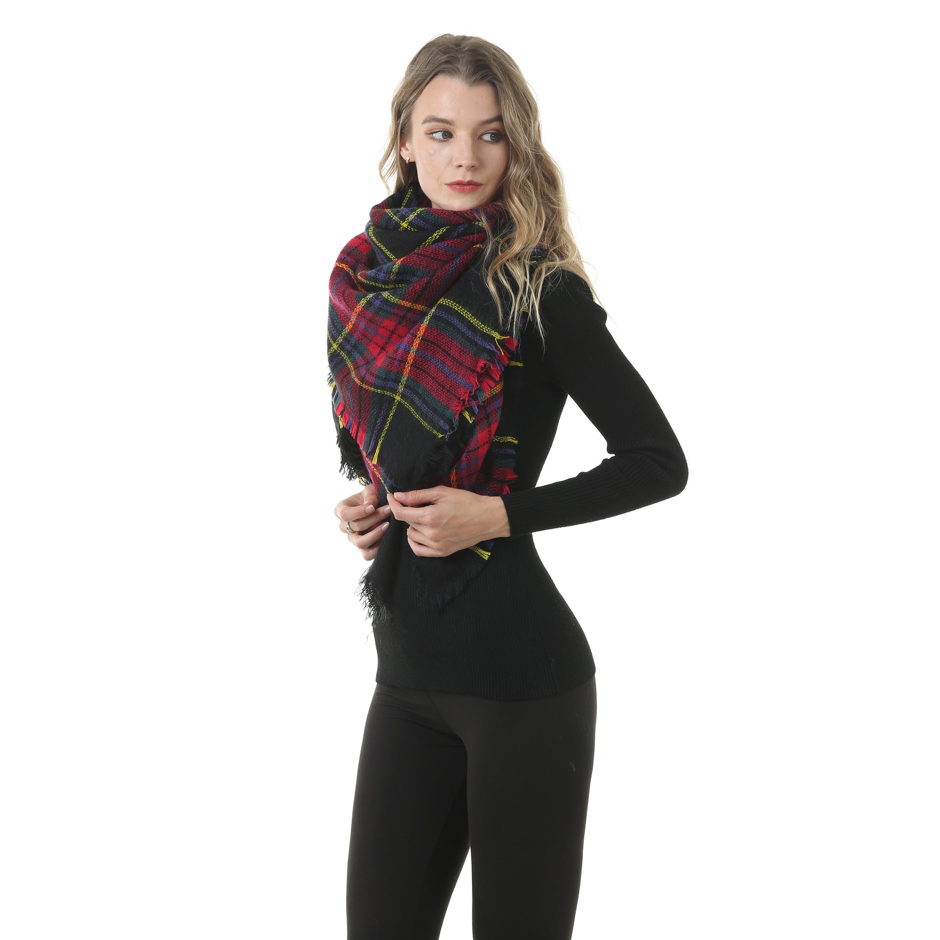 Europe, America, autumn and winter imitation cashmere plus double-sided colorful plaid square scarf women's shawl