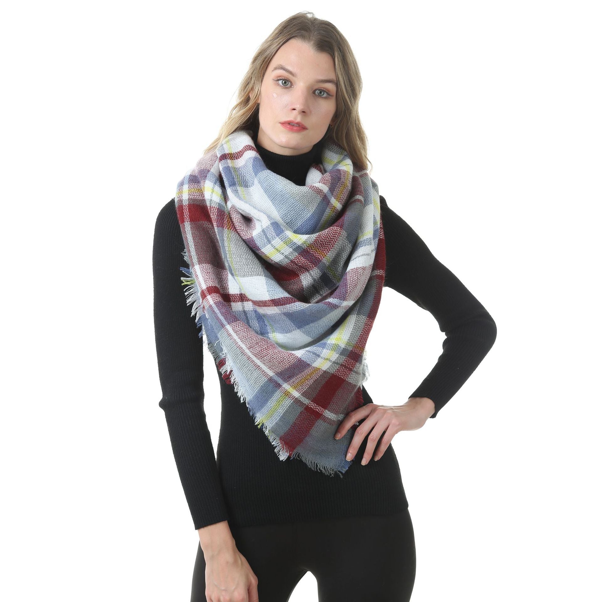 Europe, America, autumn and winter imitation cashmere plus double-sided colorful plaid square scarf women's shawl