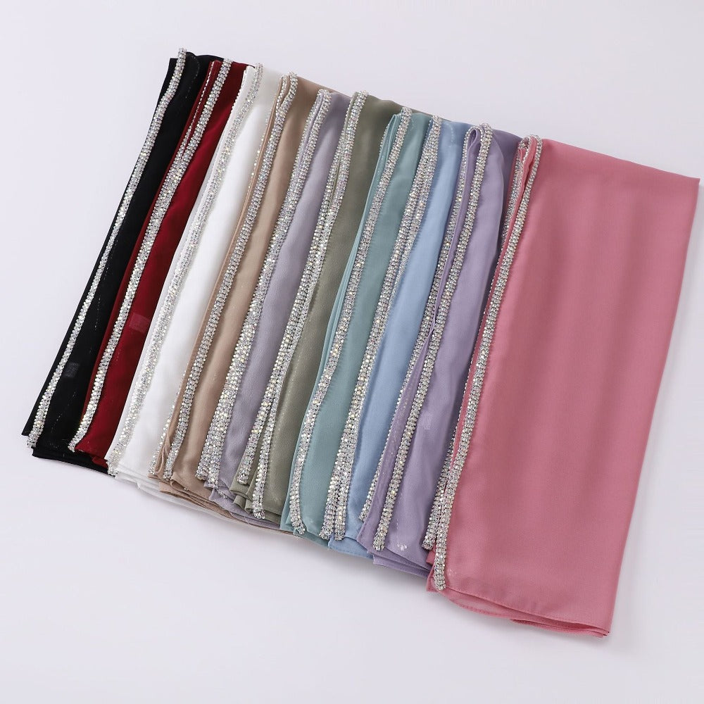 New Highlight Diamond Long Edge Chiffon Scarf Yarn Middle East Africa Headscarf Malay Headscarf