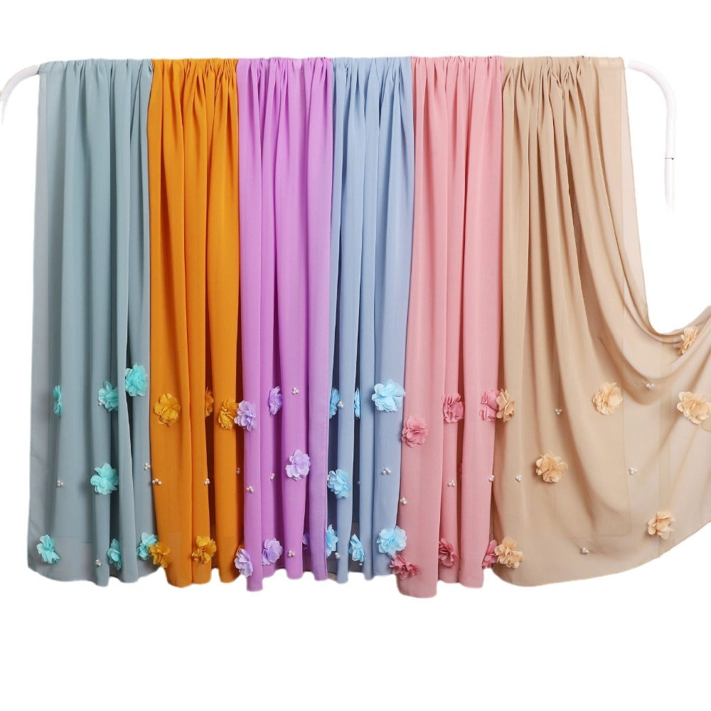 New pearl chiffon handmade sticky flower bead long towel, yarn towel, Middle East and Africa Malay headscarf