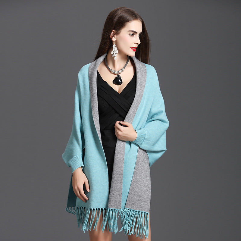 1057 #Spring and Autumn New Large Size Loose Sleeve Fringed Knitted Double Sided Shawl Cardigan Shawl Cape Women