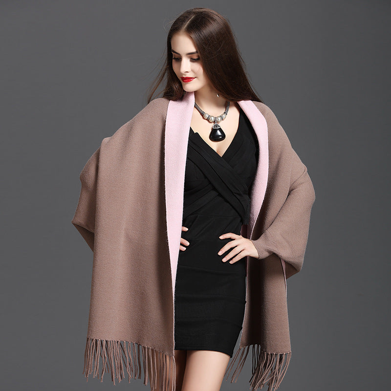 1057 #Spring and Autumn New Large Size Loose Sleeve Fringed Knitted Double Sided Shawl Cardigan Shawl Cape Women