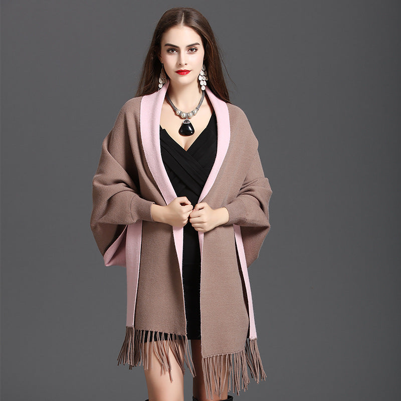 1057 #Spring and Autumn New Large Size Loose Sleeve Fringed Knitted Double Sided Shawl Cardigan Shawl Cape Women