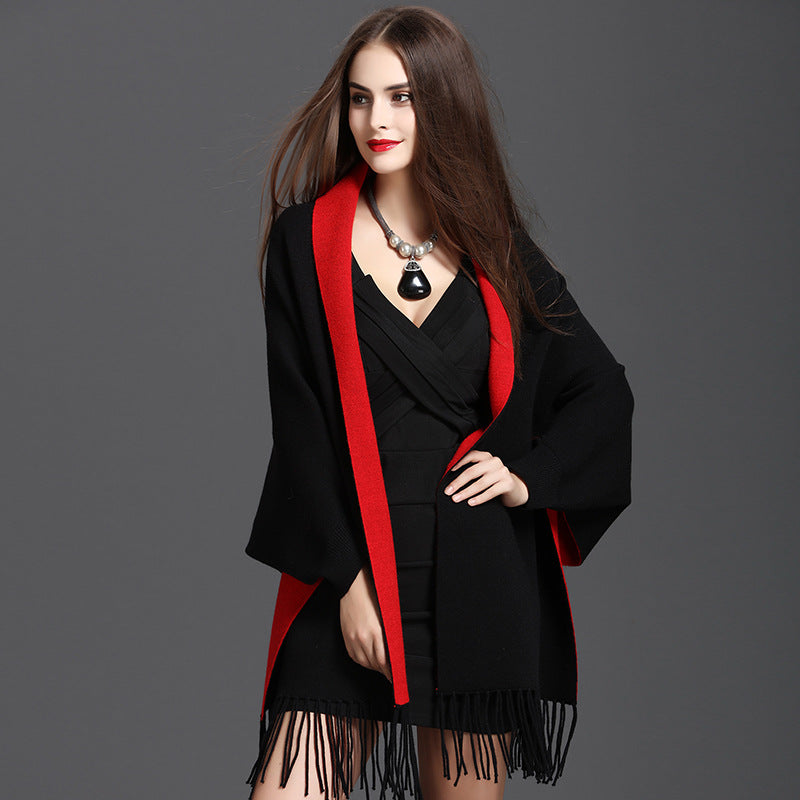 1057 #Spring and Autumn New Large Size Loose Sleeve Fringed Knitted Double Sided Shawl Cardigan Shawl Cape Women
