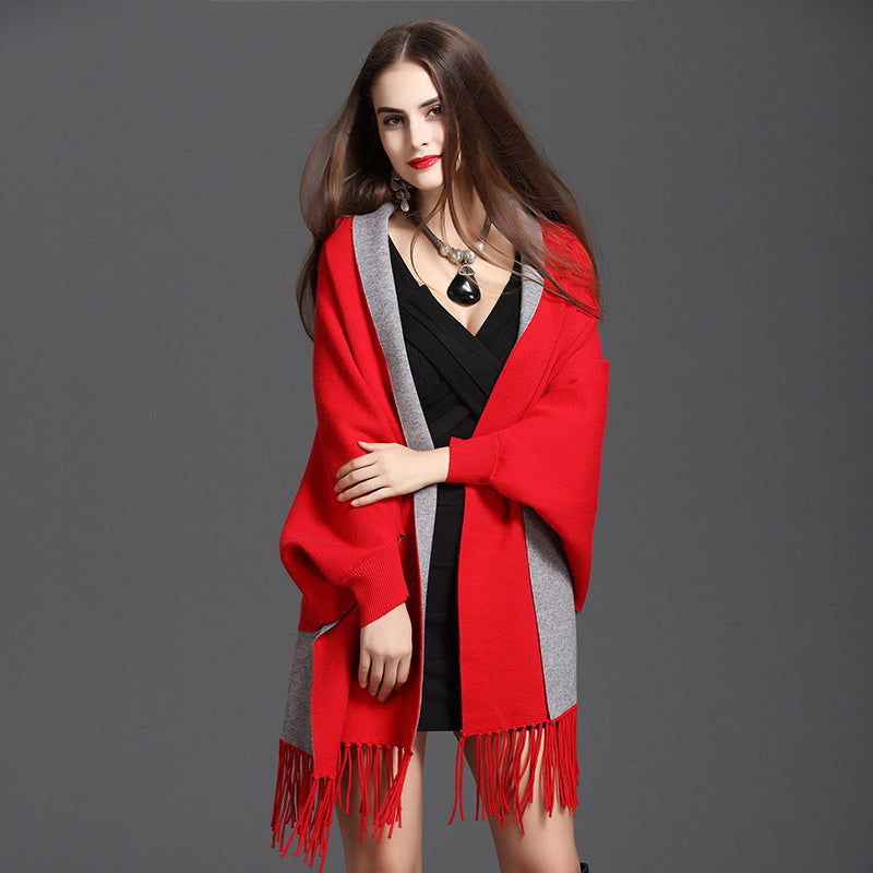 1057 #Spring and Autumn New Large Size Loose Sleeve Fringed Knitted Double Sided Shawl Cardigan Shawl Cape Women