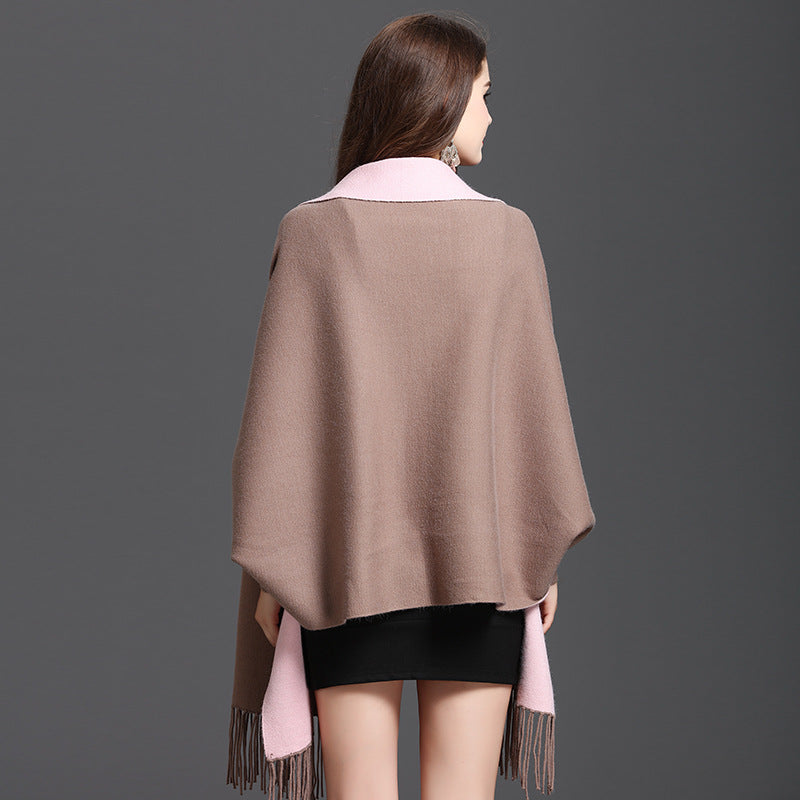 1057 #Spring and Autumn New Large Size Loose Sleeve Fringed Knitted Double Sided Shawl Cardigan Shawl Cape Women