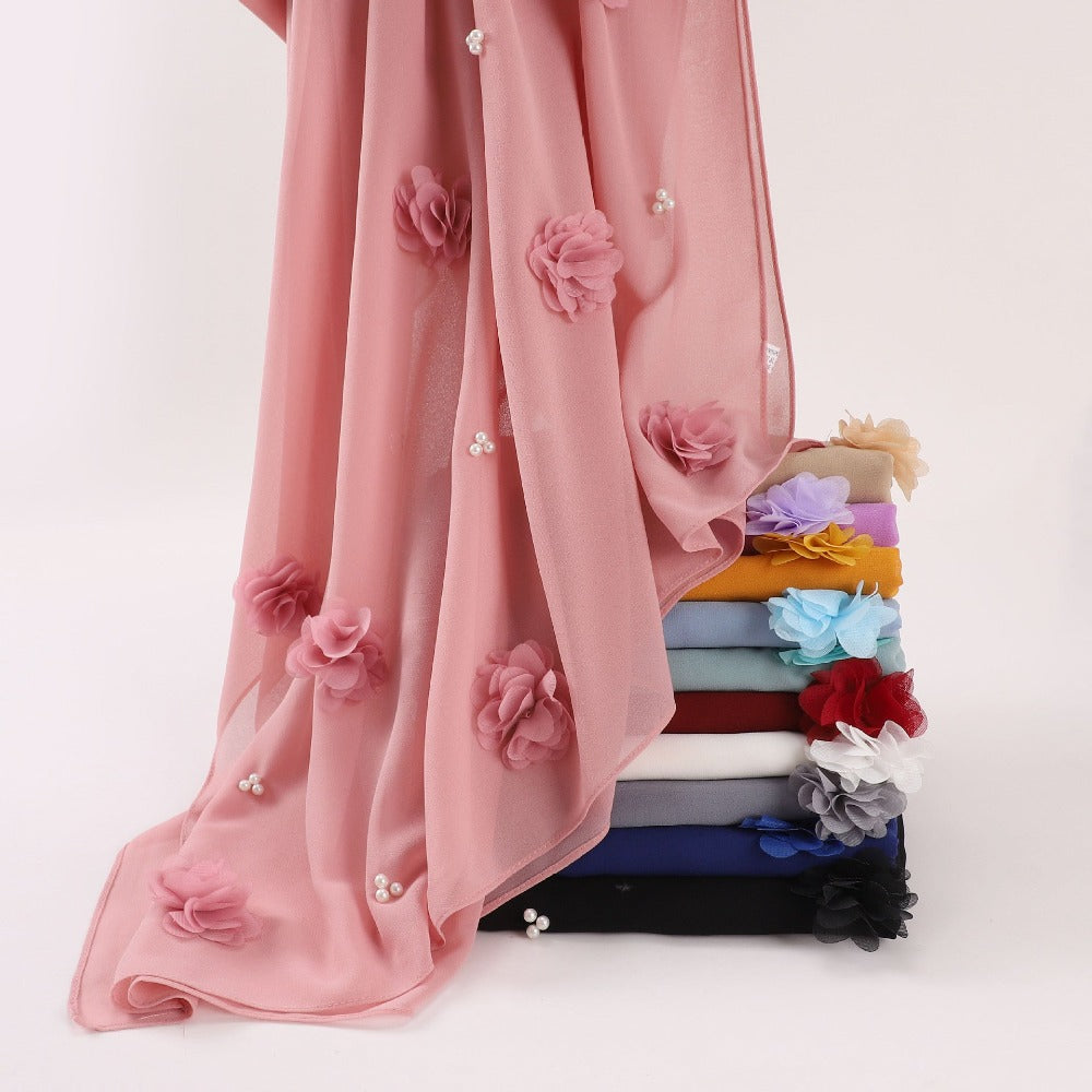 New pearl chiffon handmade sticky flower bead long towel, yarn towel, Middle East and Africa Malay headscarf