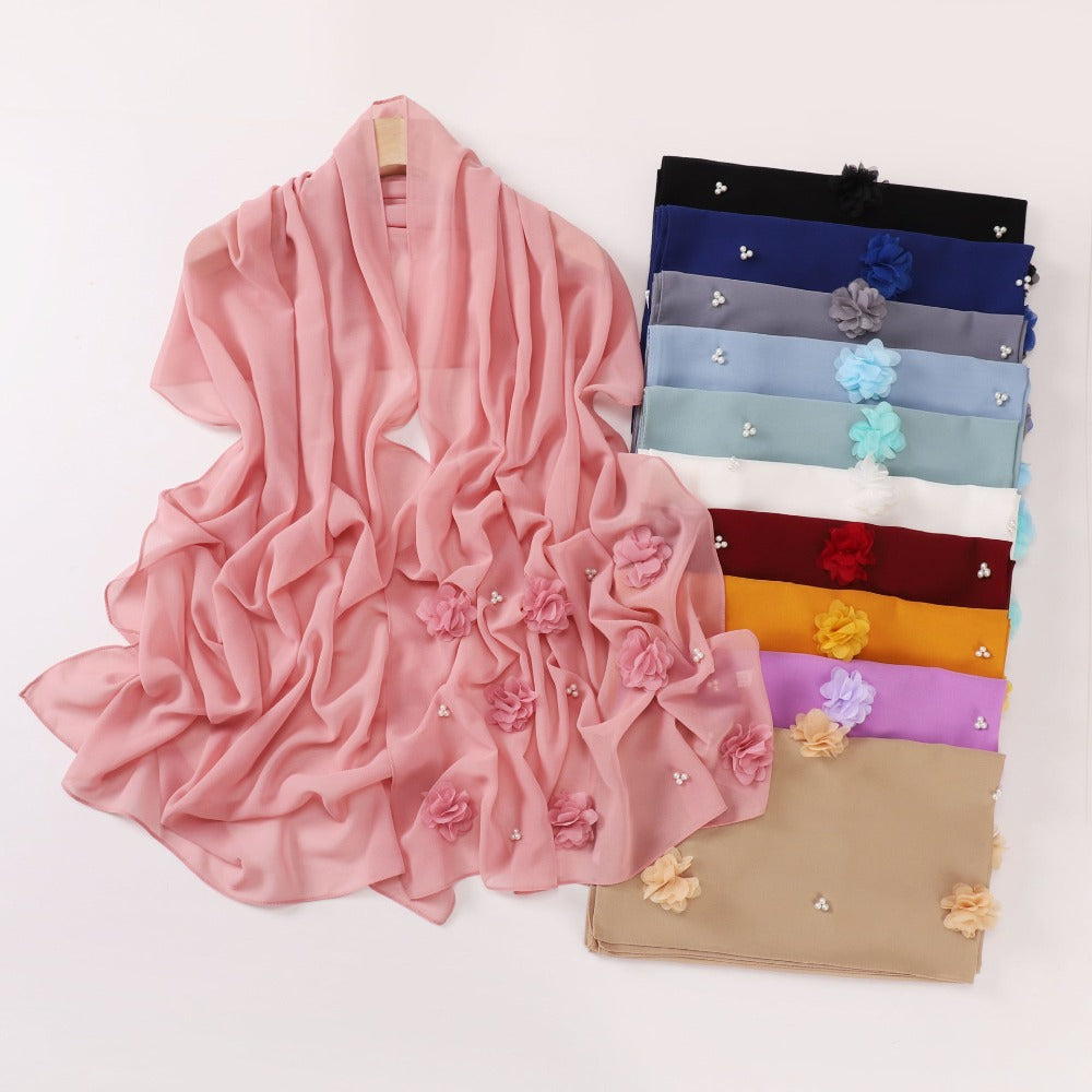 New pearl chiffon handmade sticky flower bead long towel, yarn towel, Middle East and Africa Malay headscarf