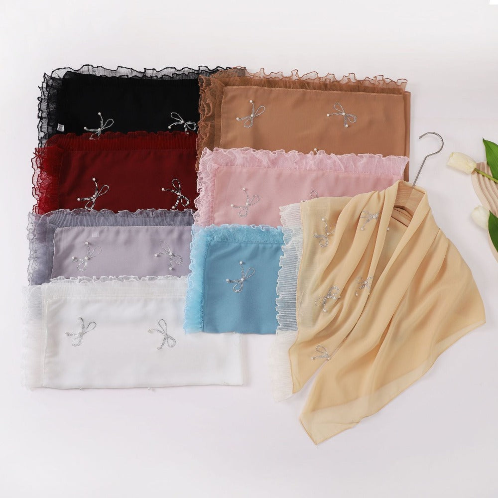 Small Fresh Bow Hot Diamond Bead Organ Lace Pearl Chiffon Square