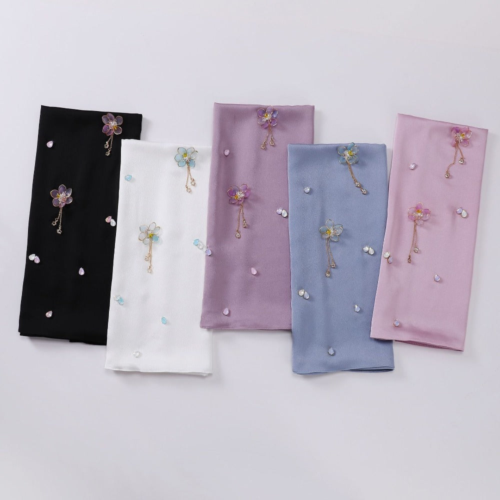 New bubble chiffon hand-sewn flower scarf Chinese wind point diamond yarn Malaysian headscarf hijab