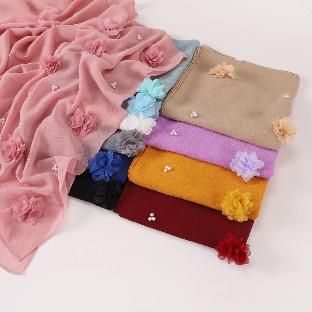 New pearl chiffon handmade sticky flower bead long towel, yarn towel, Middle East and Africa Malay headscarf