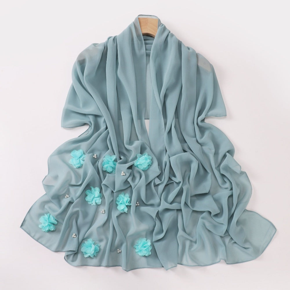 New pearl chiffon handmade sticky flower bead long towel, yarn towel, Middle East and Africa Malay headscarf