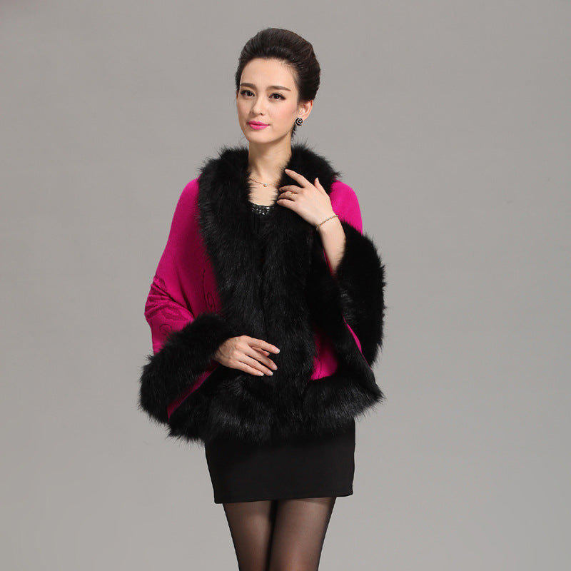 1268 #new large size imitation fox fur collar women's knitted shawl cape cardigan jacket fur shawl