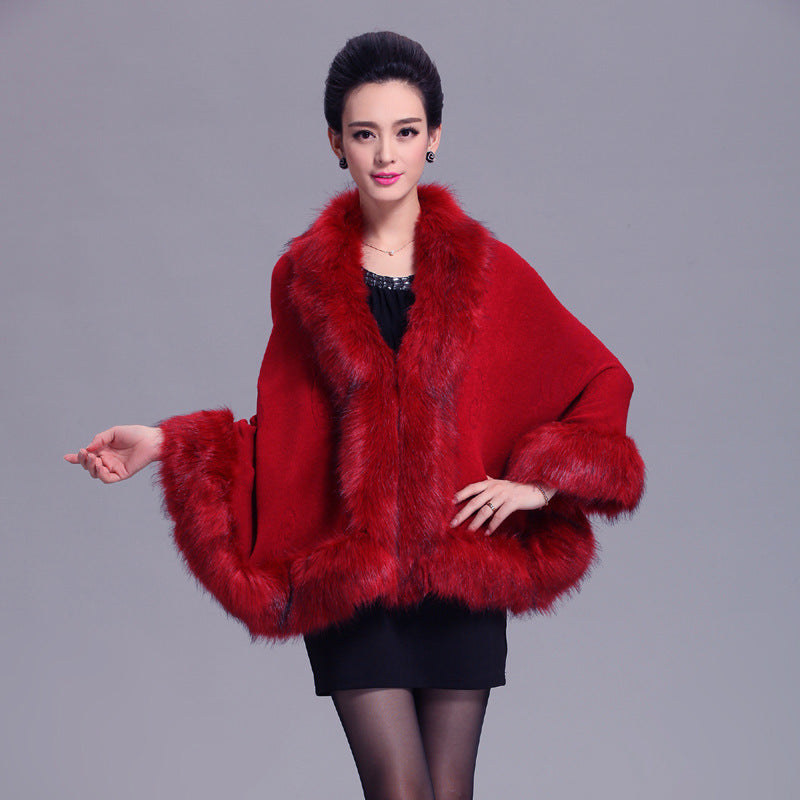 1268 #new large size imitation fox fur collar women's knitted shawl cape cardigan jacket fur shawl
