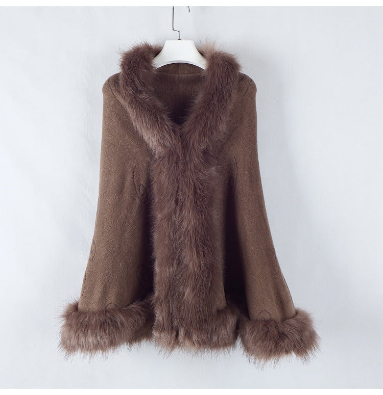 1268 #new large size imitation fox fur collar women's knitted shawl cape cardigan jacket fur shawl