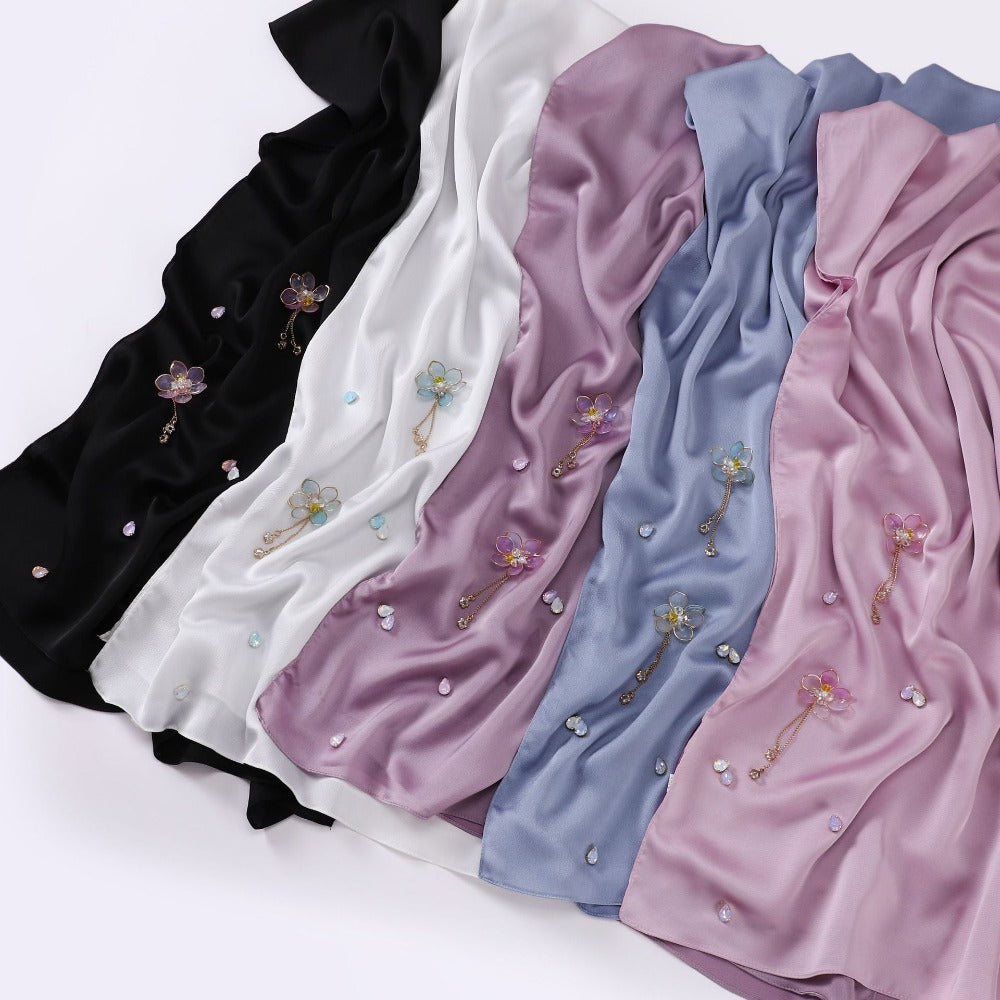 New bubble chiffon hand-sewn flower scarf Chinese wind point diamond yarn Malaysian headscarf hijab