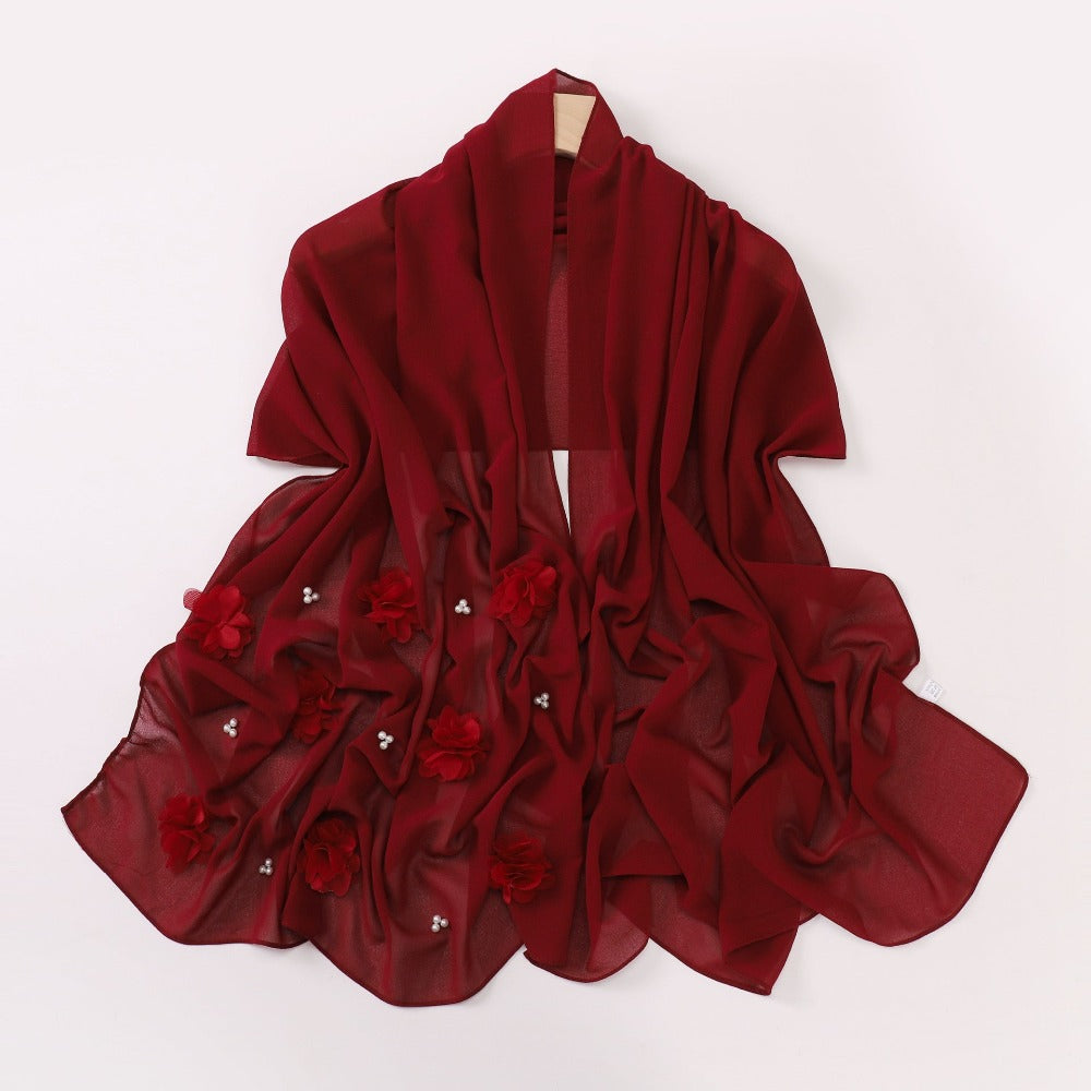 New pearl chiffon handmade sticky flower bead long towel, yarn towel, Middle East and Africa Malay headscarf