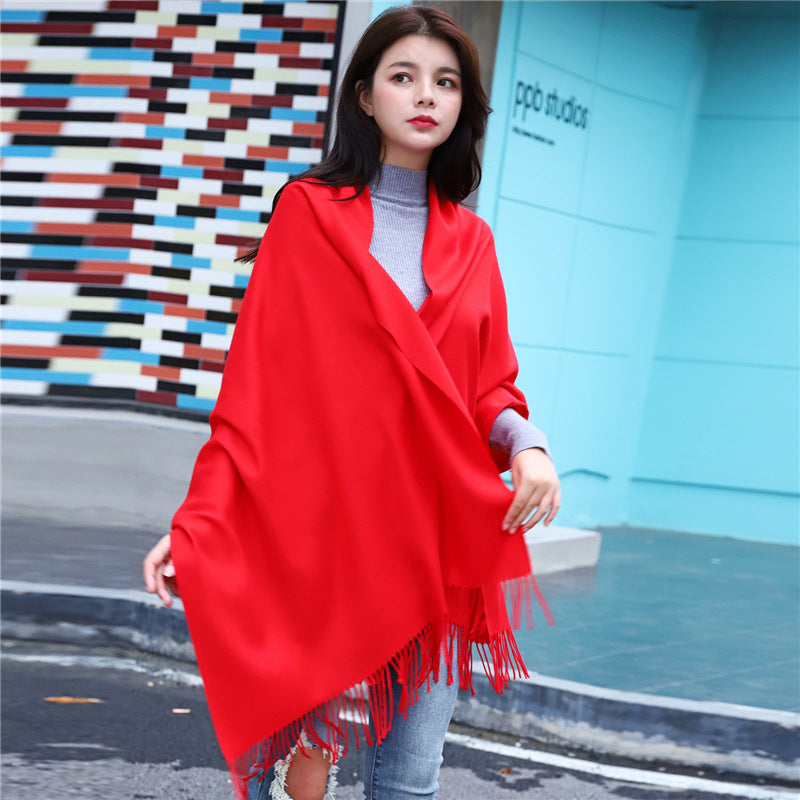 Solid color imitation cashmere scarf women's monochrome fashionable versatile warm shawl fringed red scarf winter scarf