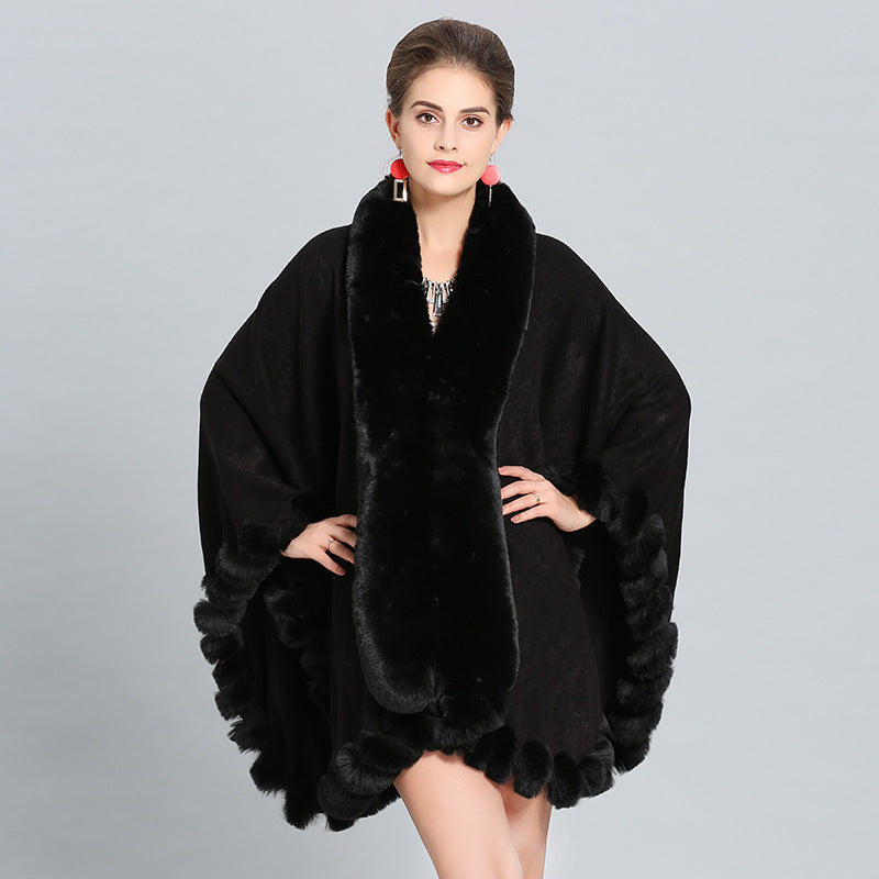 1390 #European and American autumn and winter new large size imitation fox fur collar fur large shawl cape coat women