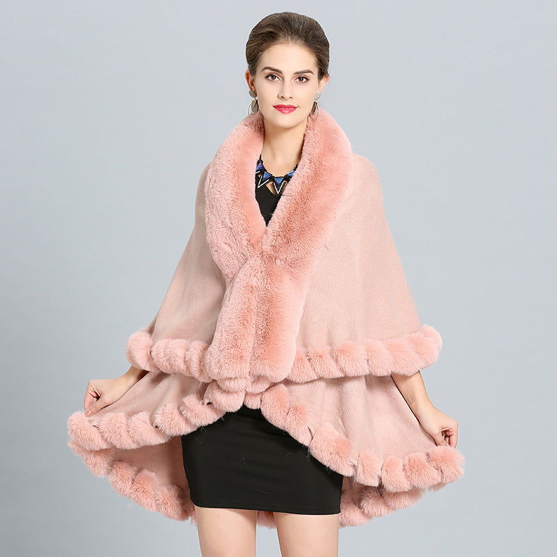 European and American autumn and winter new loose imitation fox fur collar double-layer knitted shawl cape jacket 1392 #