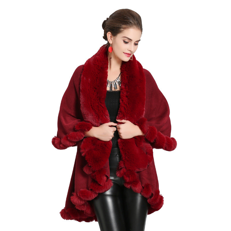 European and American autumn and winter new loose imitation fox fur collar double-layer knitted shawl cape jacket 1392 #
