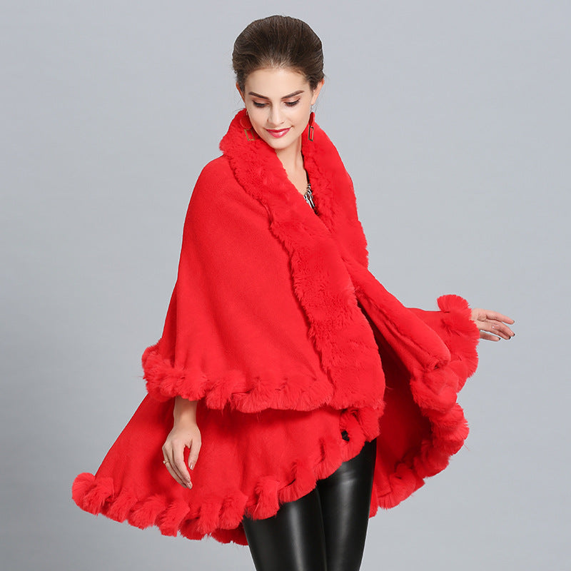 European and American autumn and winter new loose imitation fox fur collar double-layer knitted shawl cape jacket 1392 #