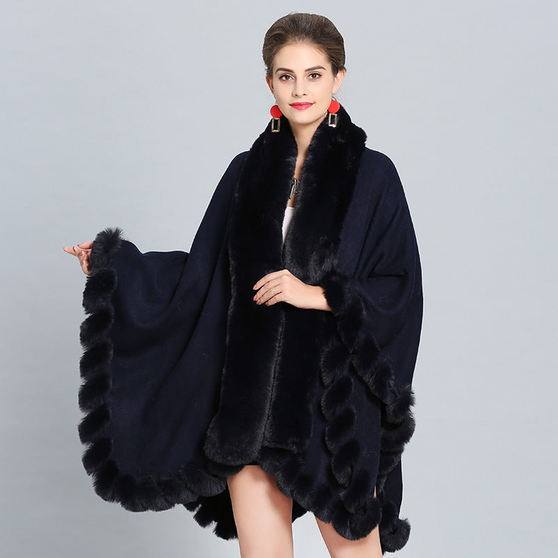 1390 #European and American autumn and winter new large size imitation fox fur collar fur large shawl cape coat women