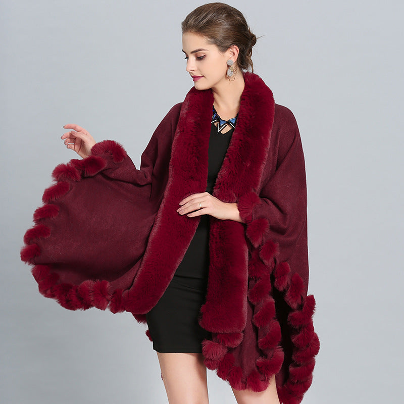 1390 #European and American autumn and winter new large size imitation fox fur collar fur large shawl cape coat women