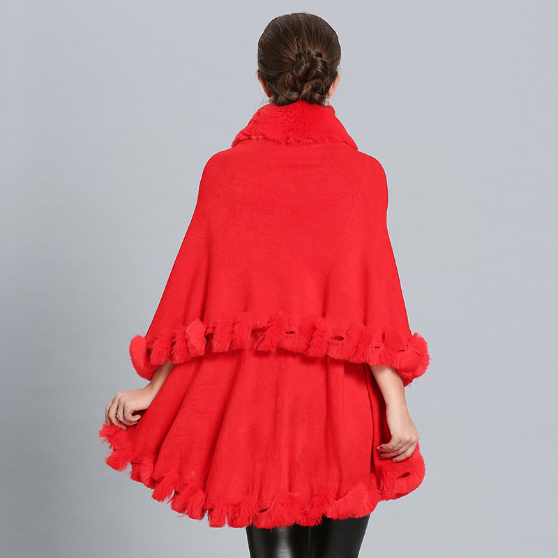 European and American autumn and winter new loose imitation fox fur collar double-layer knitted shawl cape jacket 1392 #