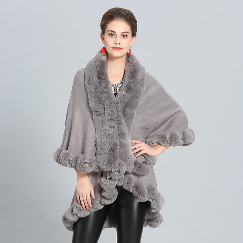 European and American autumn and winter new loose imitation fox fur collar double-layer knitted shawl cape jacket 1392 #