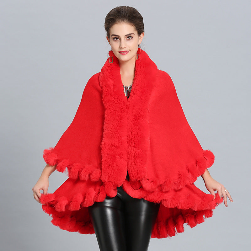 European and American autumn and winter new loose imitation fox fur collar double-layer knitted shawl cape jacket 1392 #