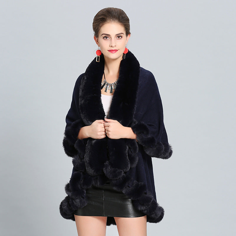 European and American autumn and winter new loose imitation fox fur collar double-layer knitted shawl cape jacket 1392 #