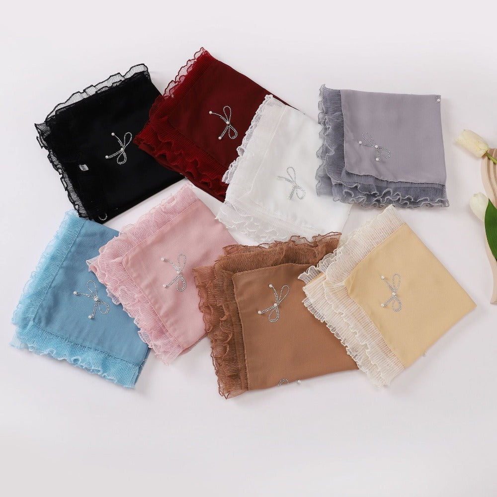 Small Fresh Bow Hot Diamond Bead Organ Lace Pearl Chiffon Square