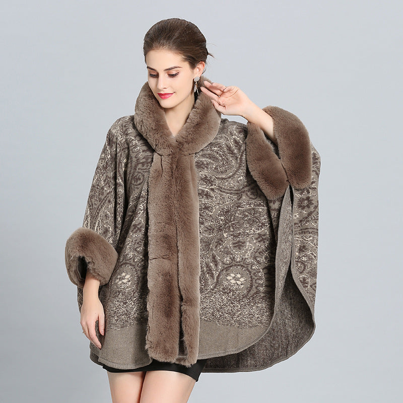 1400 European and American autumn and winter new hooded shawl cape women's imitation fox fur collar versatile woolen coat