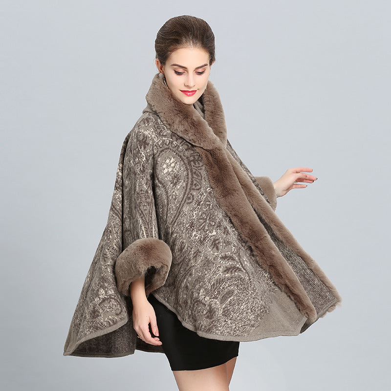 1400 European and American autumn and winter new hooded shawl cape women's imitation fox fur collar versatile woolen coat