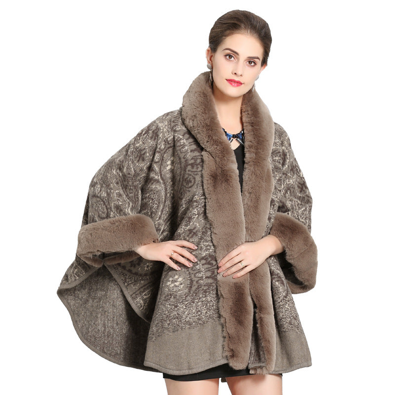 1400 European and American autumn and winter new hooded shawl cape women's imitation fox fur collar versatile woolen coat