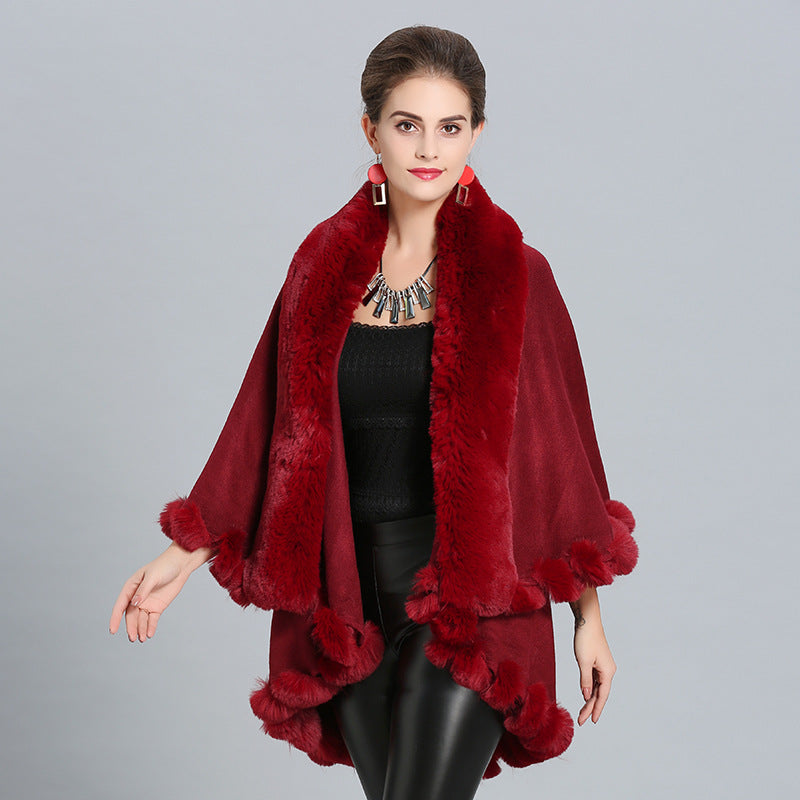 European and American autumn and winter new loose imitation fox fur collar double-layer knitted shawl cape jacket 1392 #
