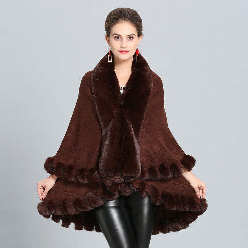 European and American autumn and winter new loose imitation fox fur collar double-layer knitted shawl cape jacket 1392 #