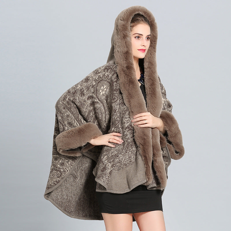 1400 European and American autumn and winter new hooded shawl cape women's imitation fox fur collar versatile woolen coat