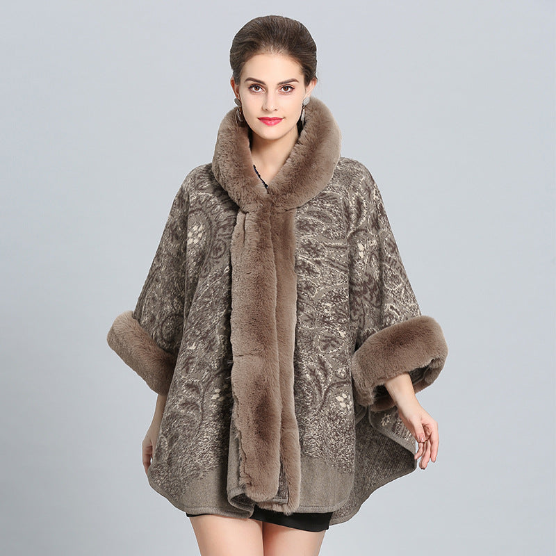 1400 European and American autumn and winter new hooded shawl cape women's imitation fox fur collar versatile woolen coat