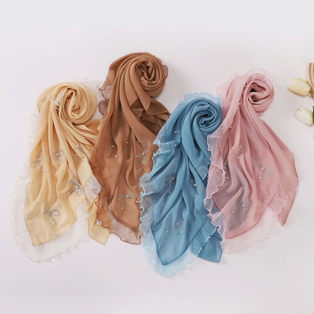 Small Fresh Bow Hot Diamond Bead Organ Lace Pearl Chiffon Square