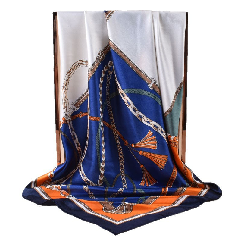 2025 new 90cm-color diced belt chain fringed printed square scarf with sunscreen, bag head silk scarf decoration, scarf