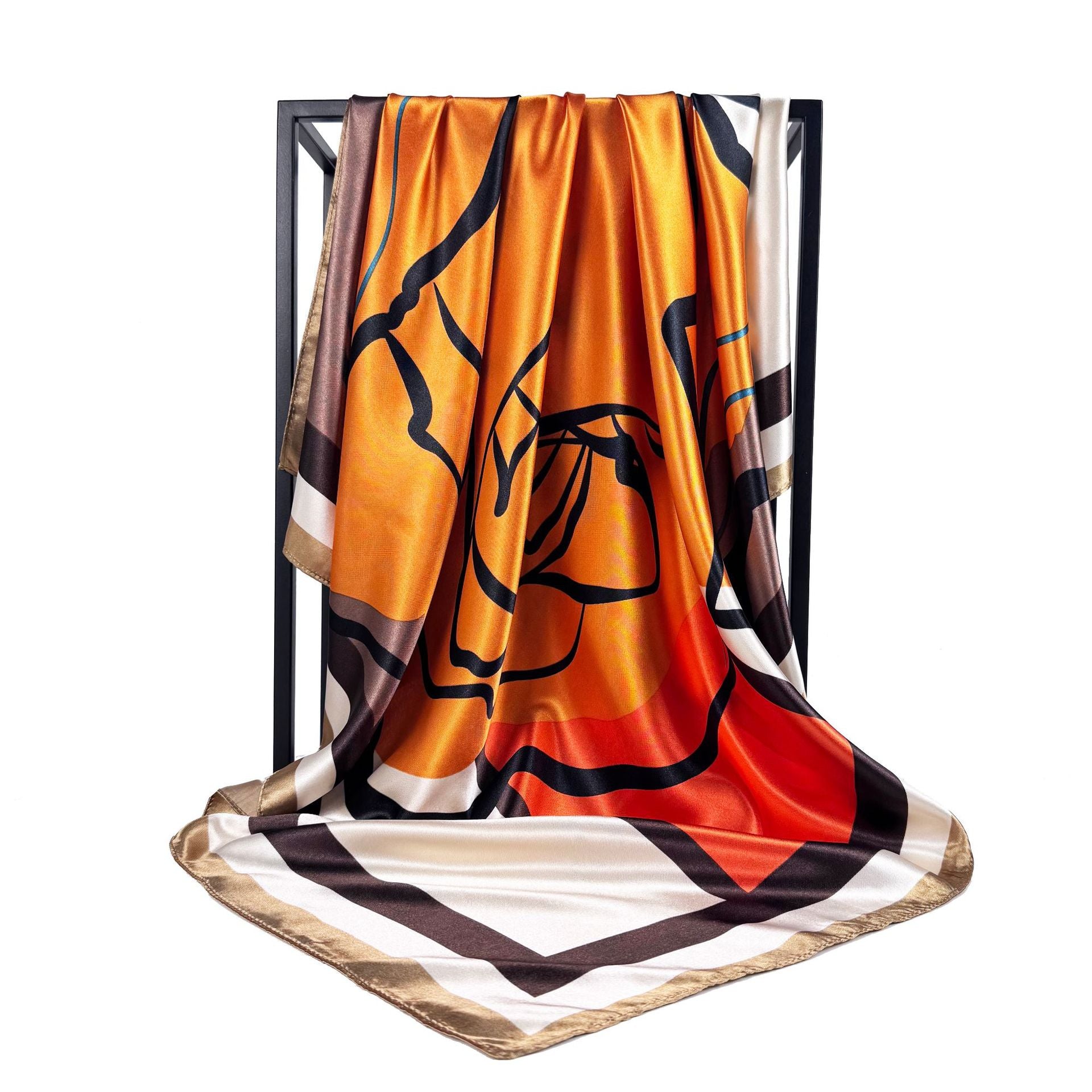 Simple and versatile abstract painting geometric line silk scarf 90cm large square scarf, elegant temperament women's bag head scarf