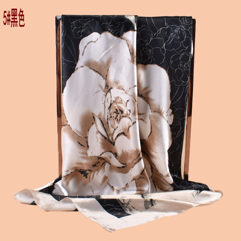 2025 new 90cm-color bud plain and elegant camellia printed square scarf with sunscreen bag head silk scarf decorative scarf