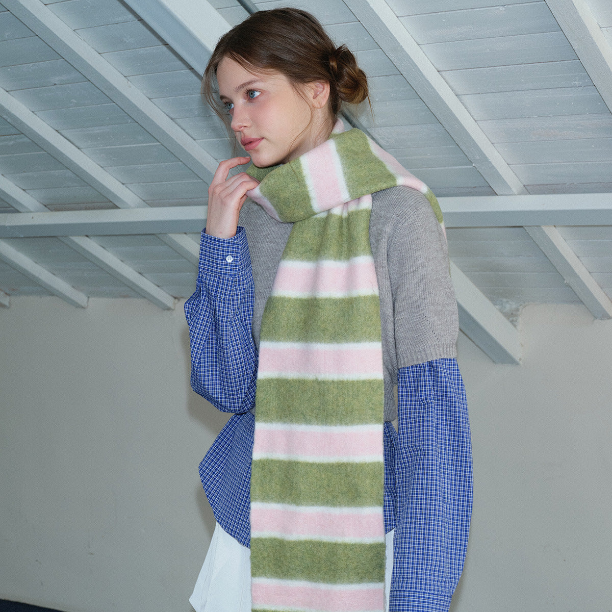 Wool blended brushed striped scarf women's autumn and winter atmosphere soft Korean color matching small scarf