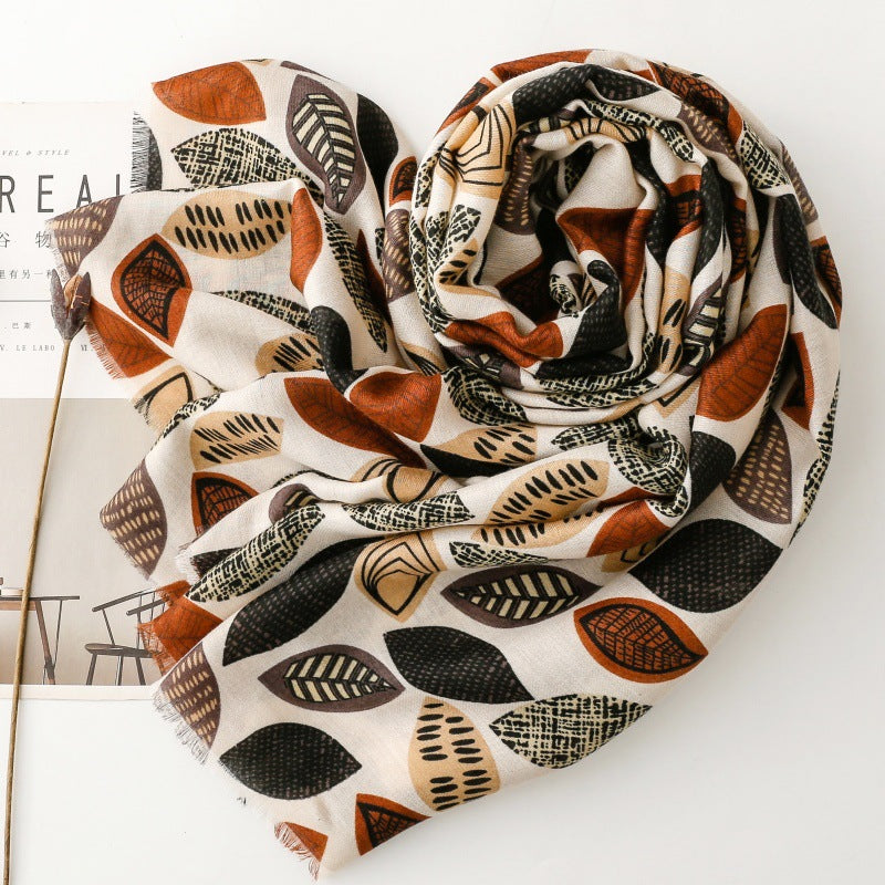 Stylish and simple commuter cotton and linen feel scarf plant leaf rough edge silk scarf thick shawl